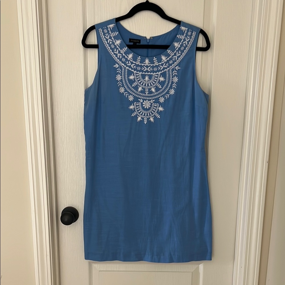 Talbots Blue Sleeveless Shift Dress with White Embroidery